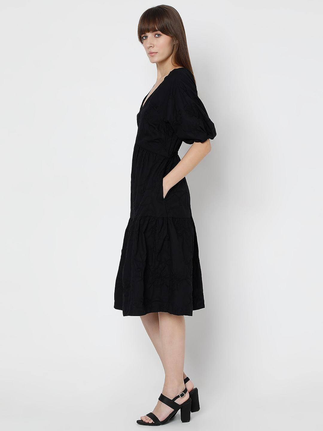 Black Tiered Cotton Fit & Flare Dress