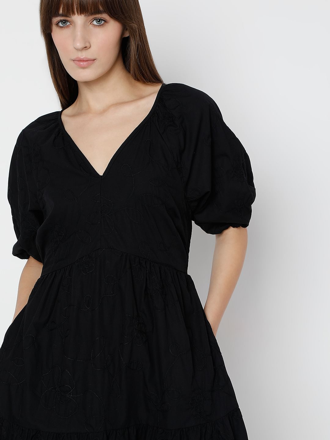 Black Tiered Cotton Fit & Flare Dress