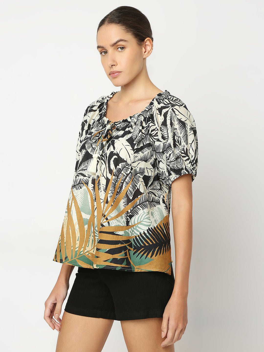 Beige Tropical Print Top