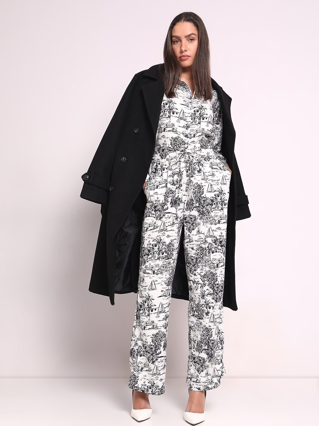 White Printed Wide Leg Pants