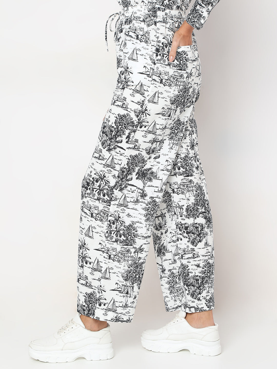 White Printed Wide Leg Pants