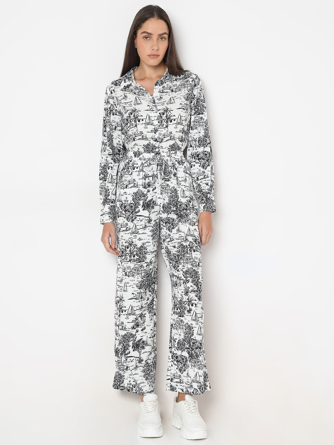 White Printed Wide Leg Pants