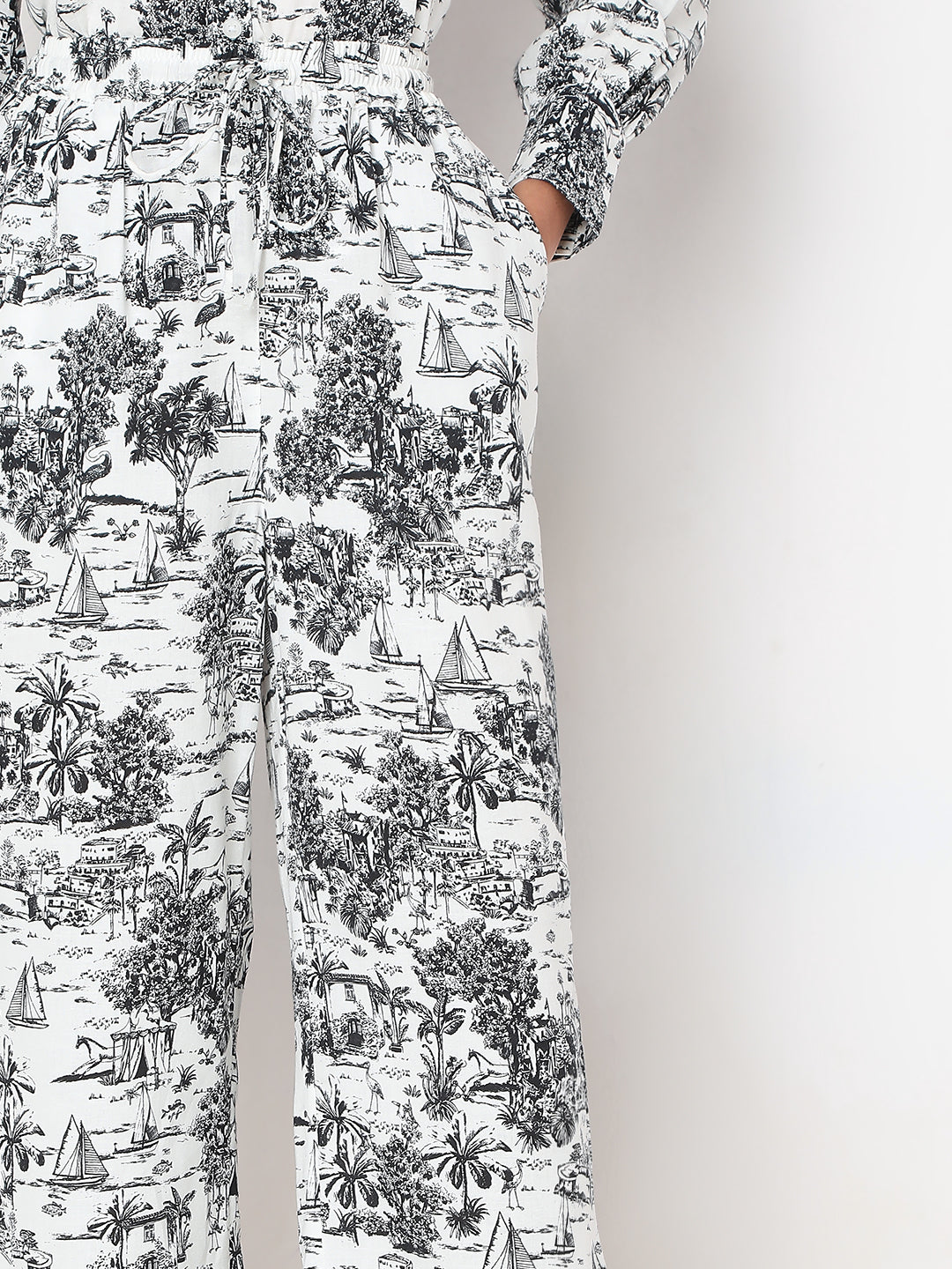 White Printed Wide Leg Pants