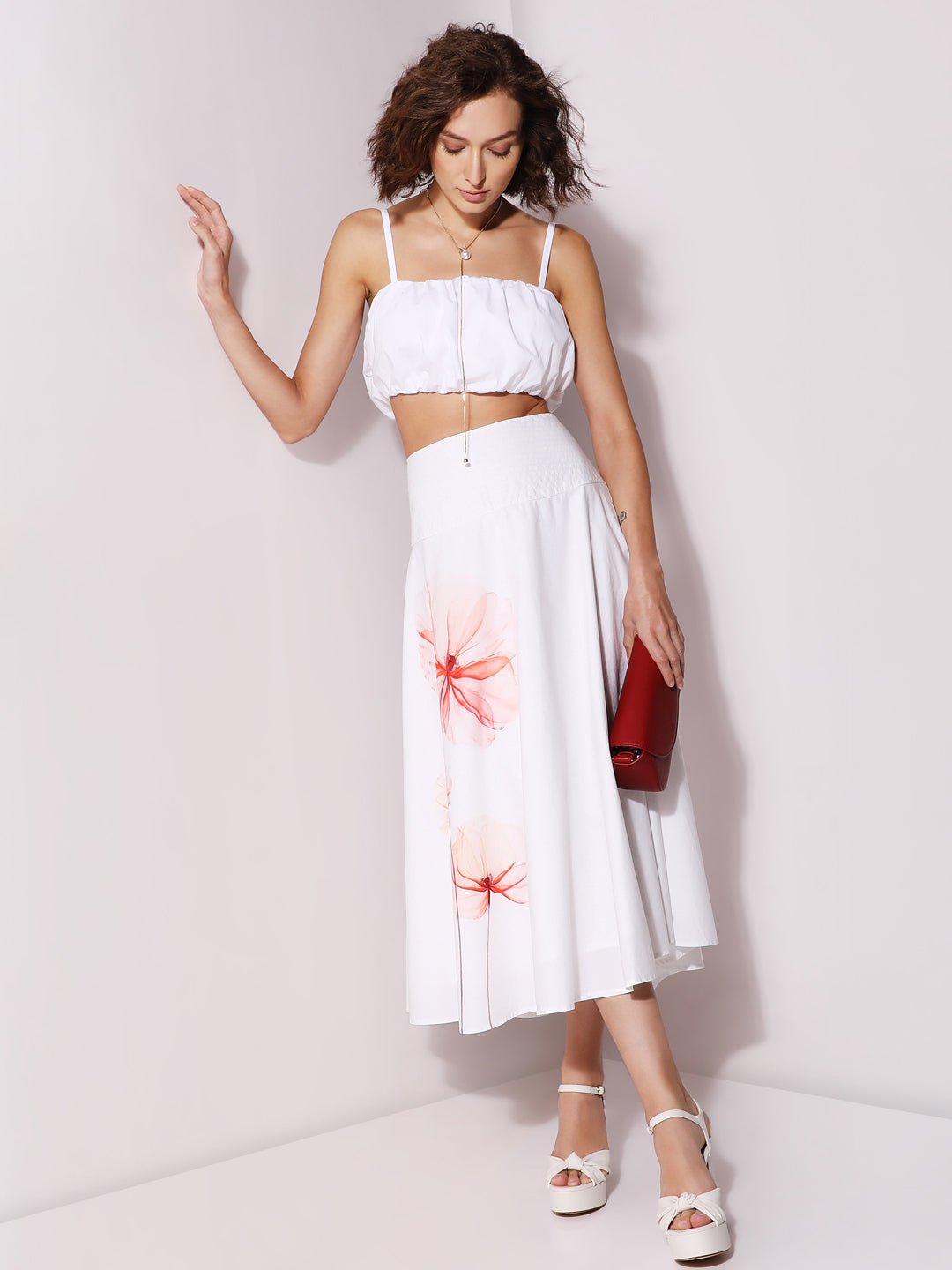 White Floral Print Flared Skirt