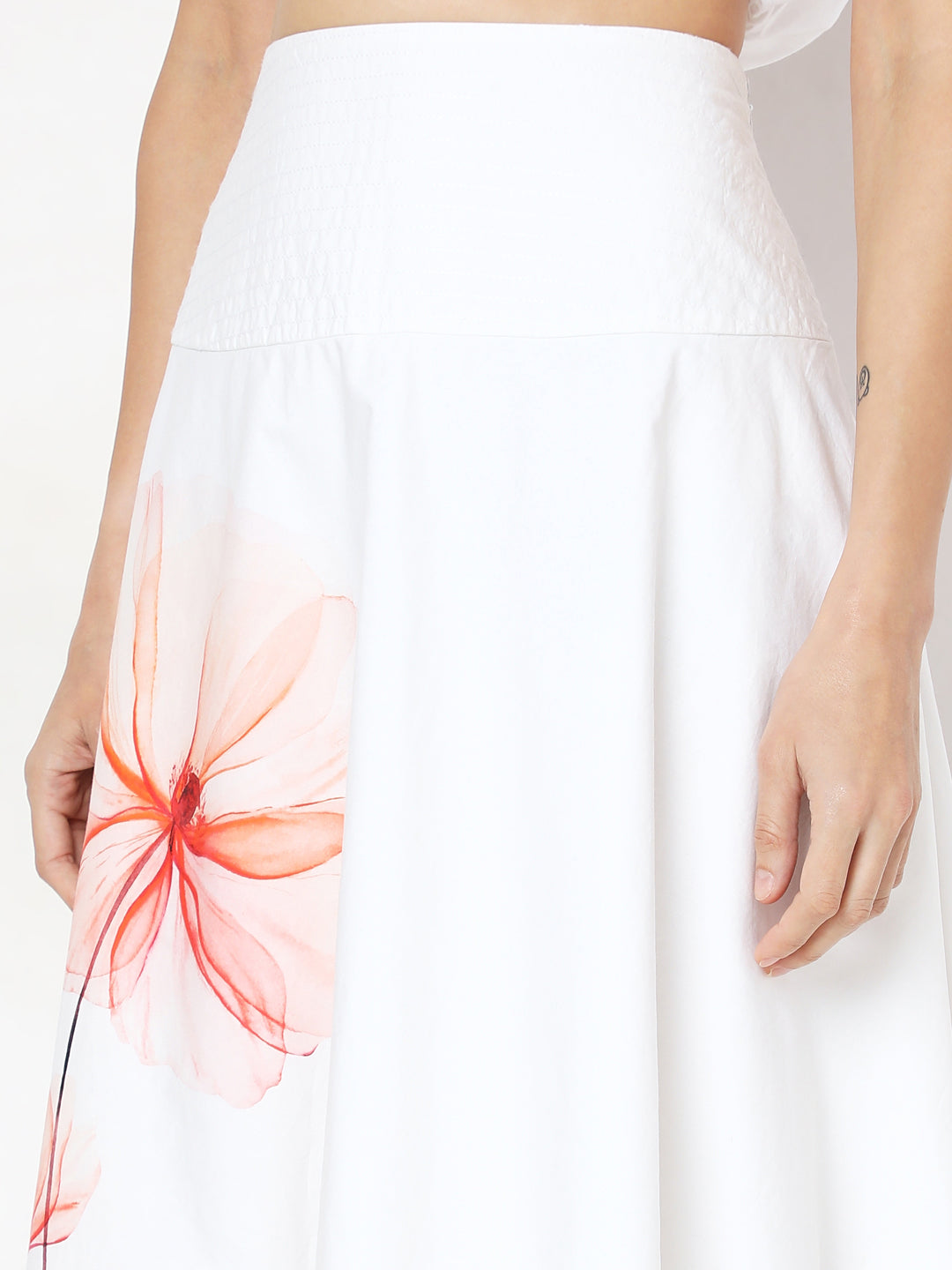 White Floral Print Flared Skirt
