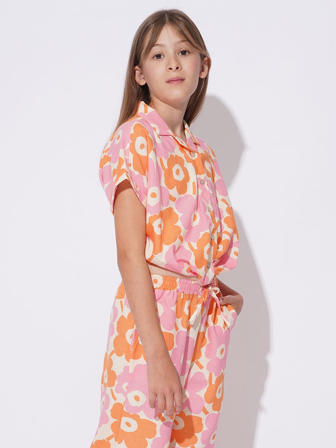 Girls White Floral Co-Ord Set Shirt