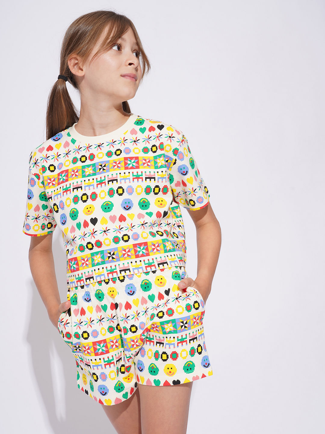 Girls White Printed Co-Ord Set T-Shirt
