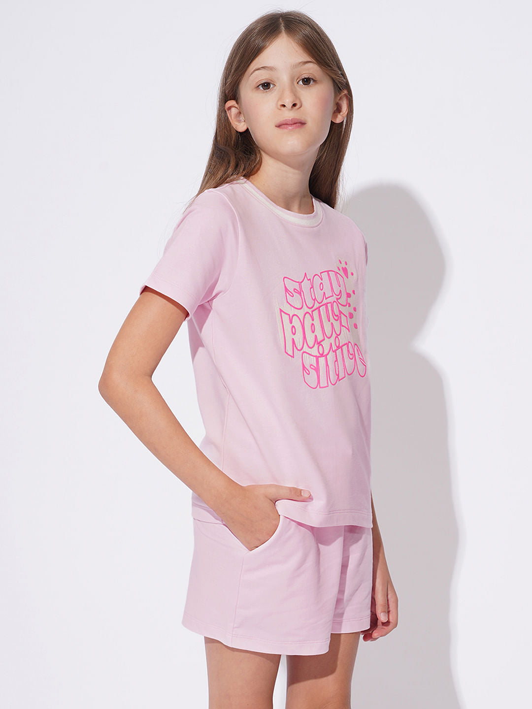 Girls Pink Printed Co-Ord Set T-Shirt