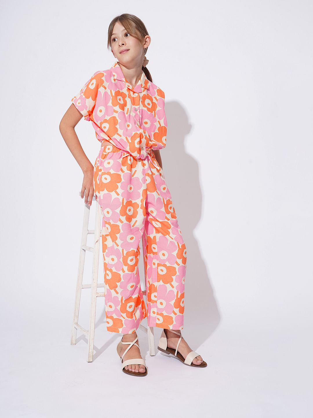 Girls White Floral Print Co-Ord Set Pant