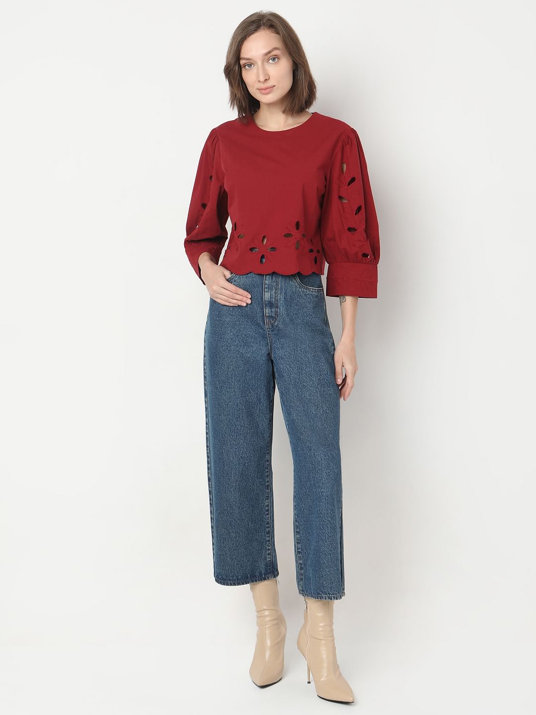 Dark Red Cut-Work Detail Top