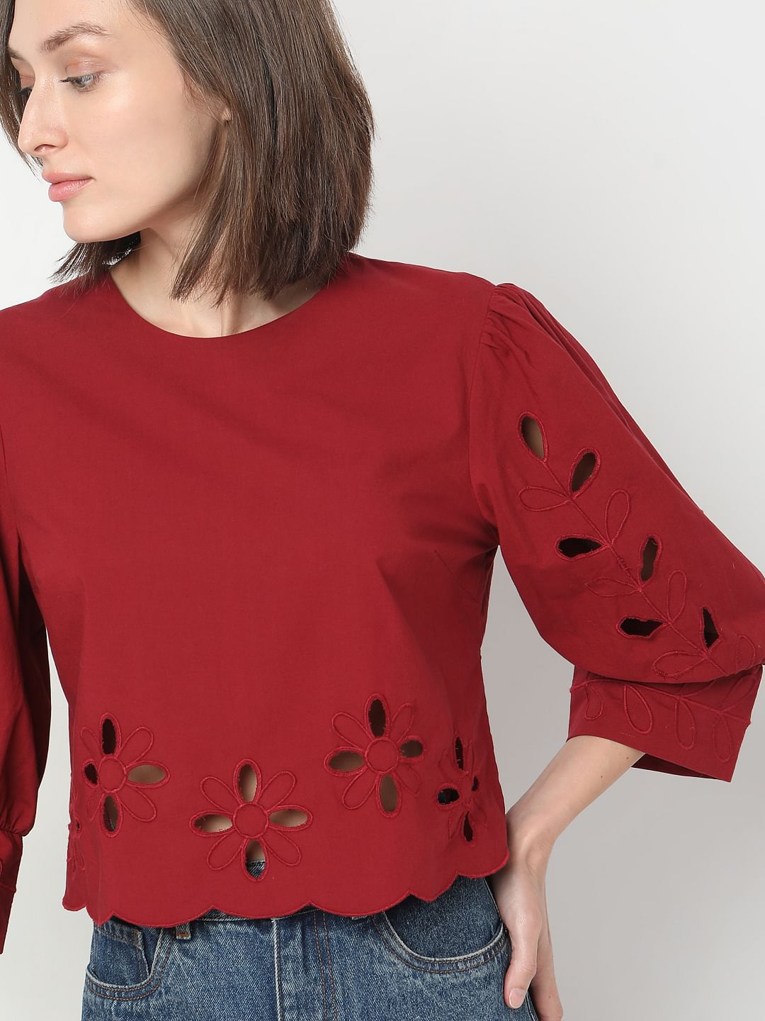 Dark Red Cut-Work Detail Top
