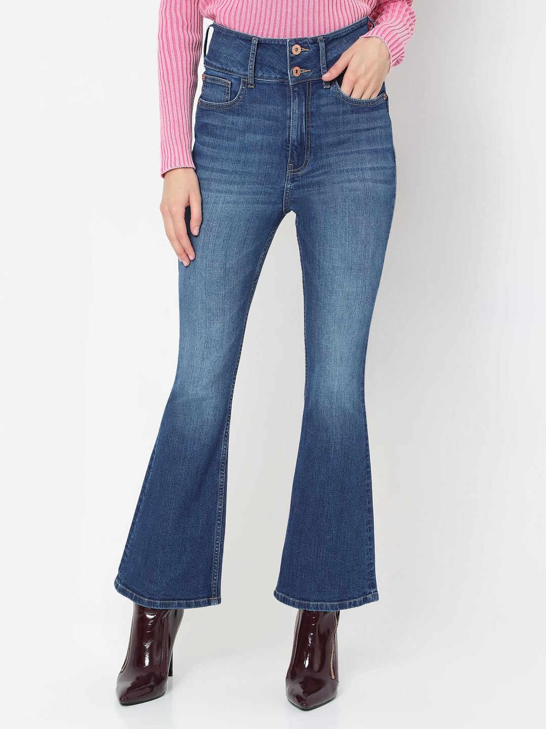Blue Double Button Bootcut Jeans