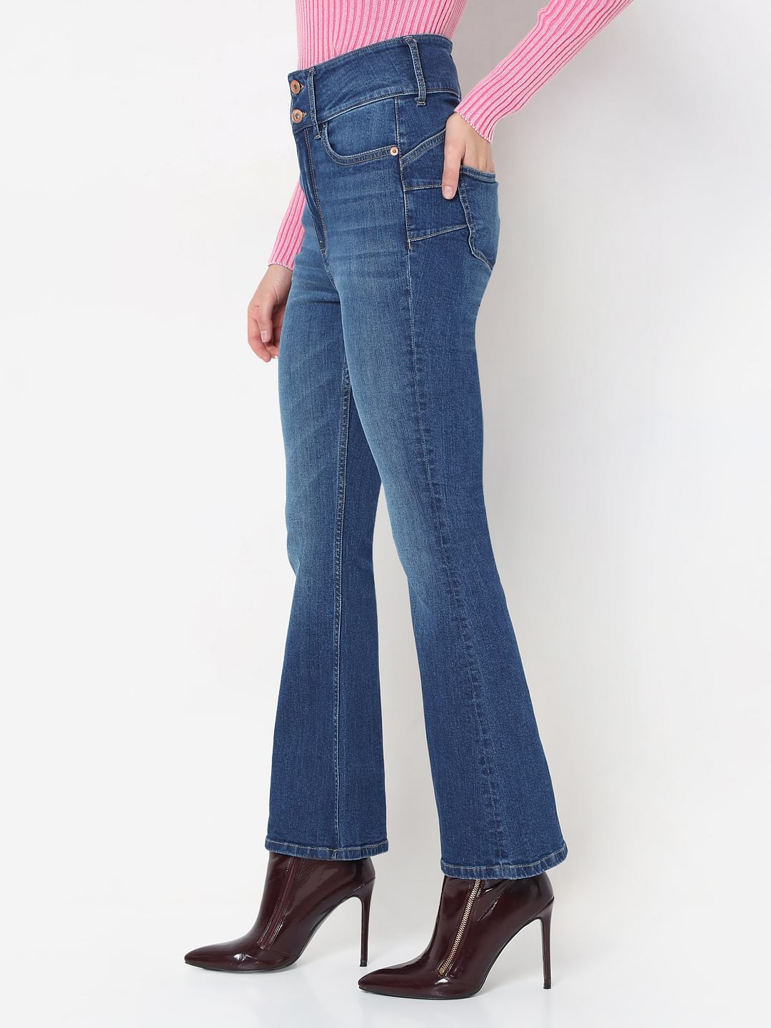 Blue Double Button Bootcut Jeans