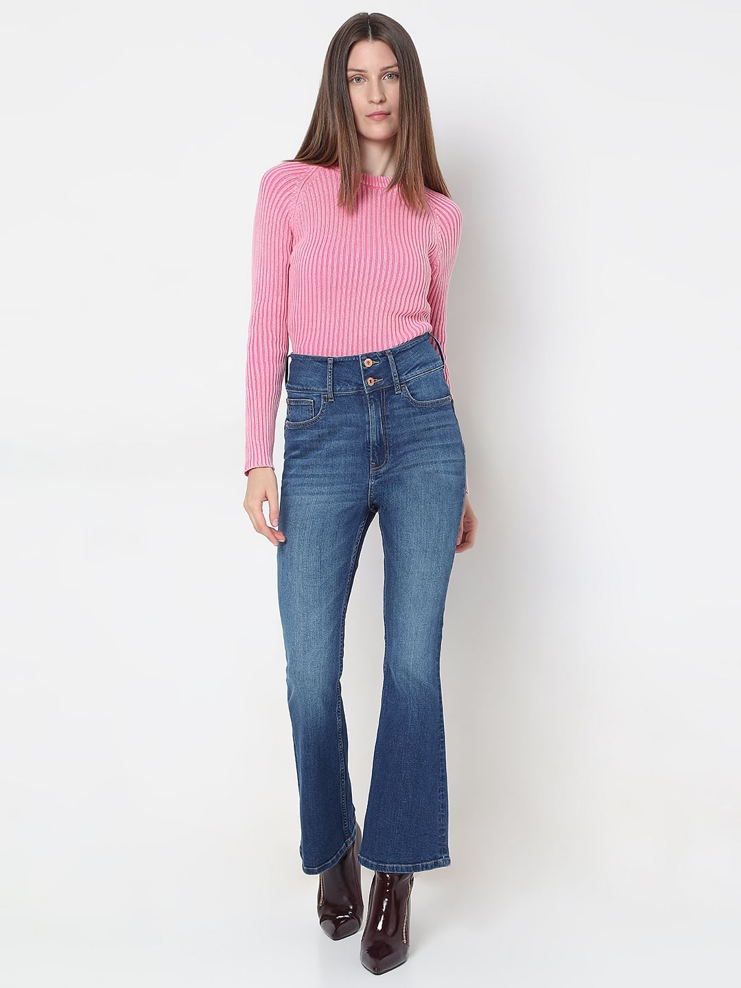 Blue Double Button Bootcut Jeans