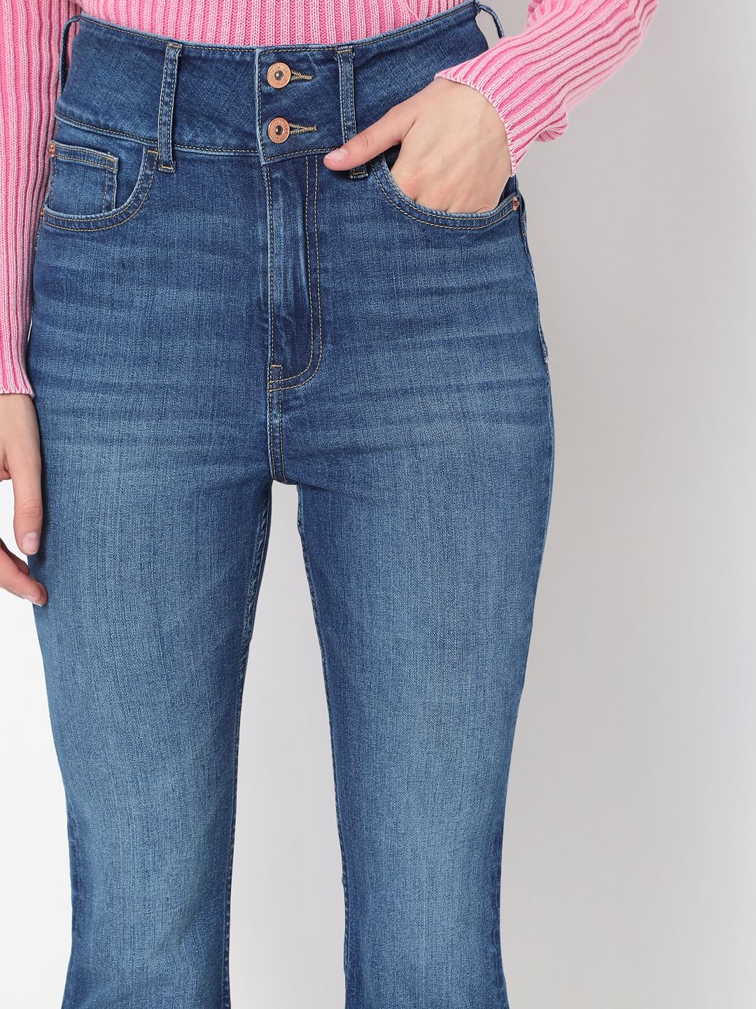 Blue Double Button Bootcut Jeans