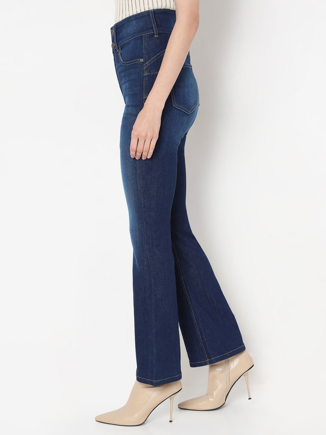 Dark Blue Double Button Bootcut Jeans