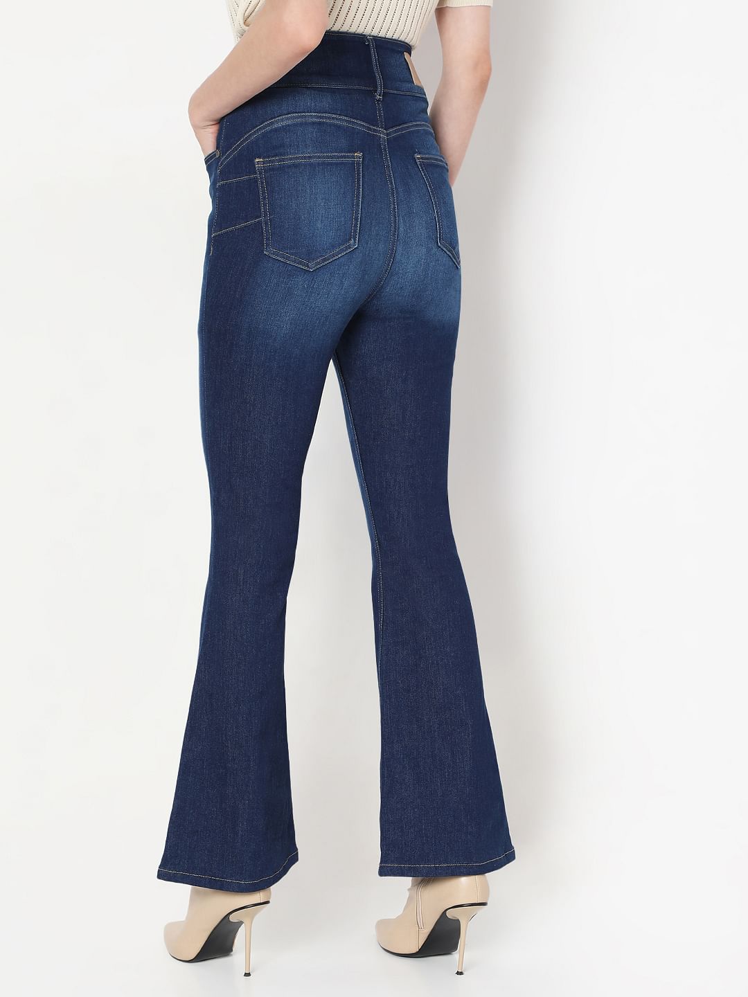 Dark Blue Double Button Bootcut Jeans