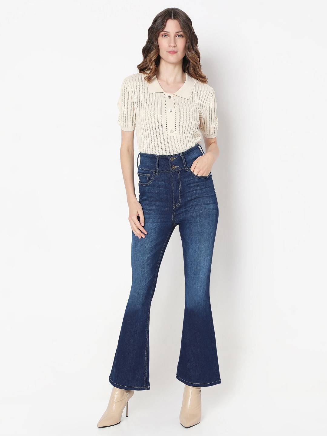 Dark Blue Double Button Bootcut Jeans