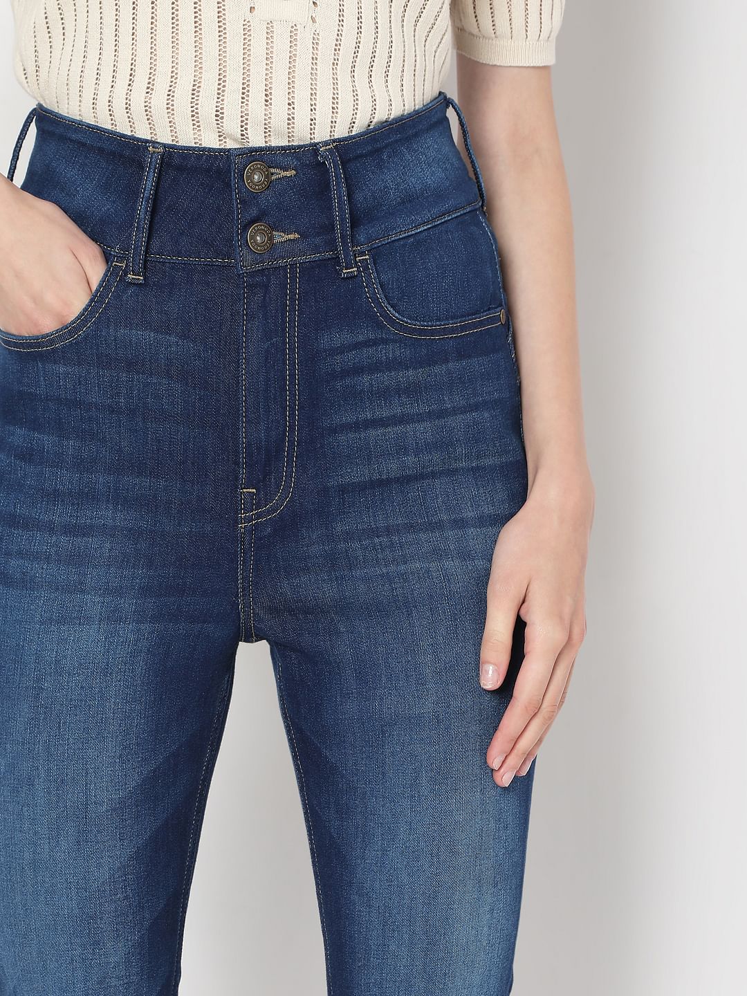 Dark Blue Double Button Bootcut Jeans