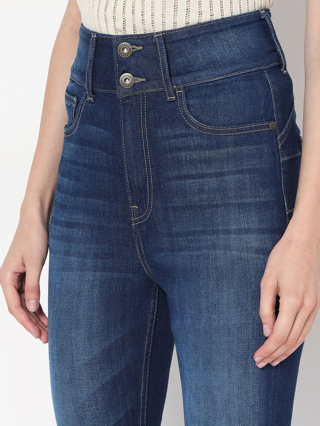 Dark Blue Double Button Bootcut Jeans