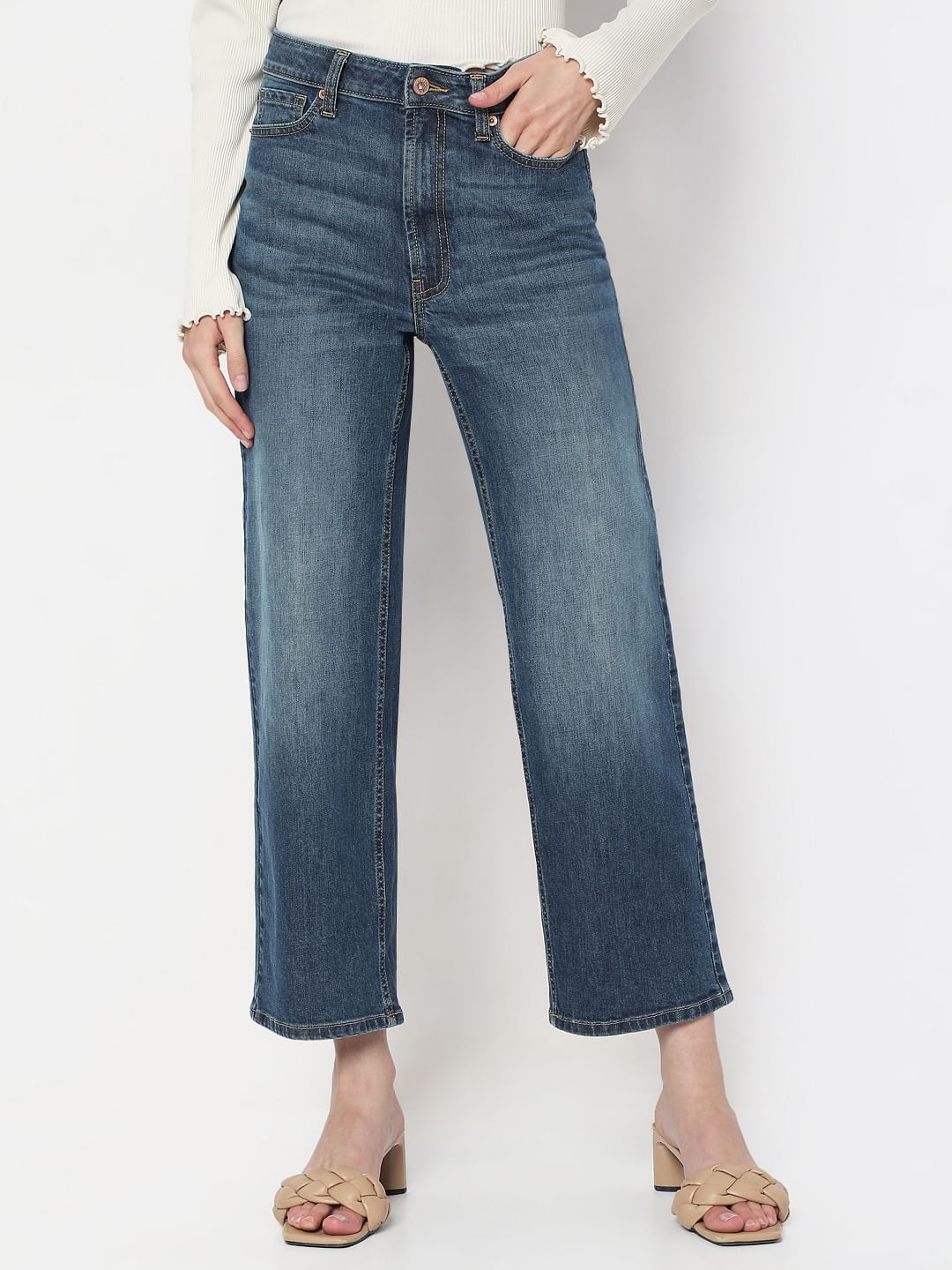 Blue High Rise Wide Leg Jeans