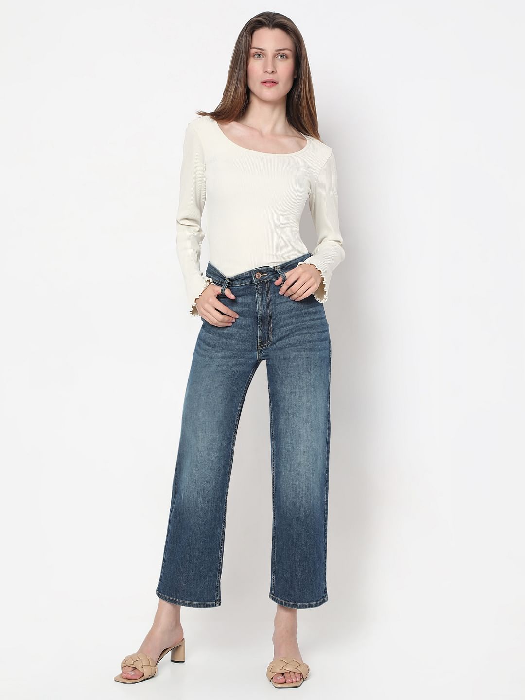 Blue High Rise Wide Leg Jeans