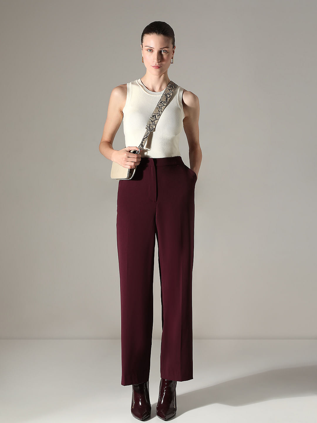 Maroon High Rise Wide Leg Pants
