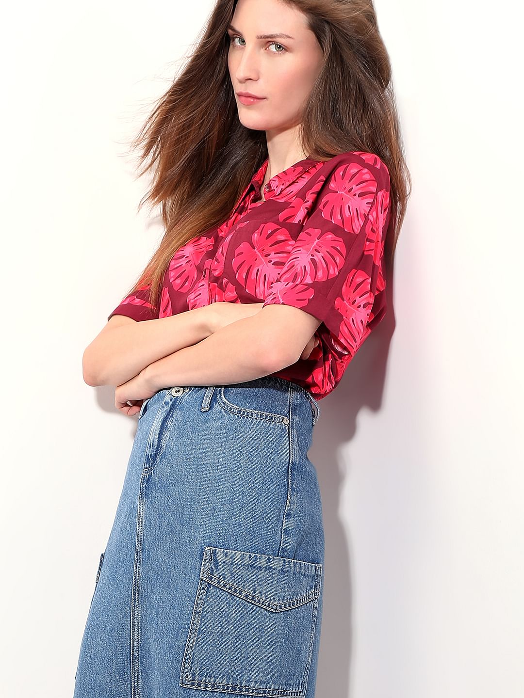 Red Leafy Printed Viscose Shirt