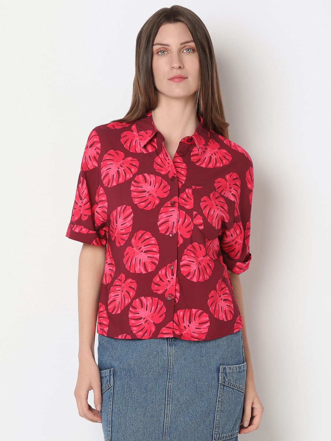 Red Leafy Printed Viscose Shirt