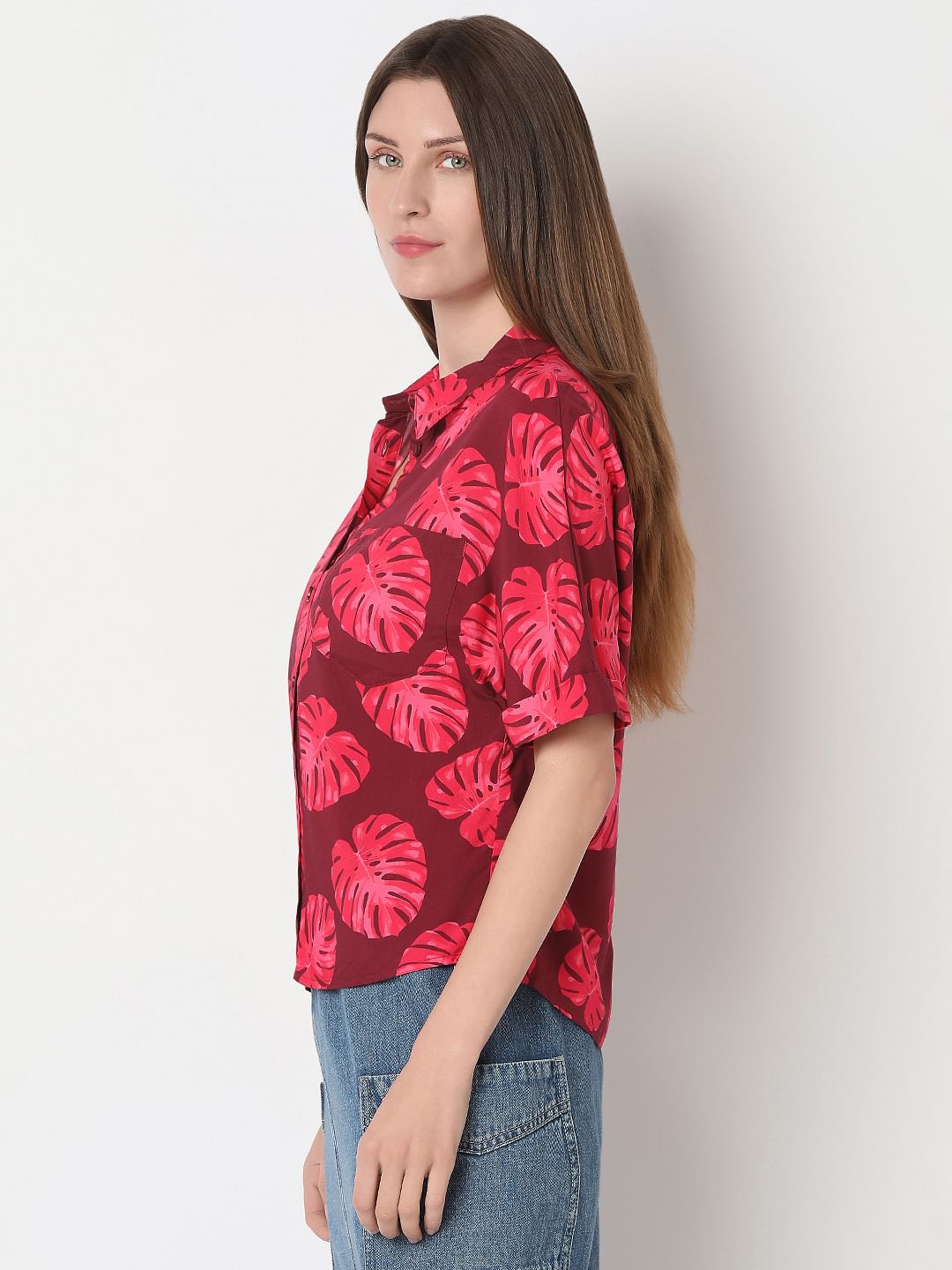 Red Leafy Printed Viscose Shirt