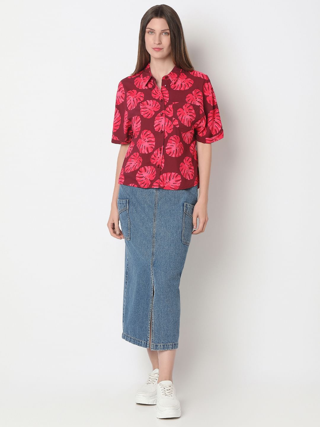 Red Leafy Printed Viscose Shirt