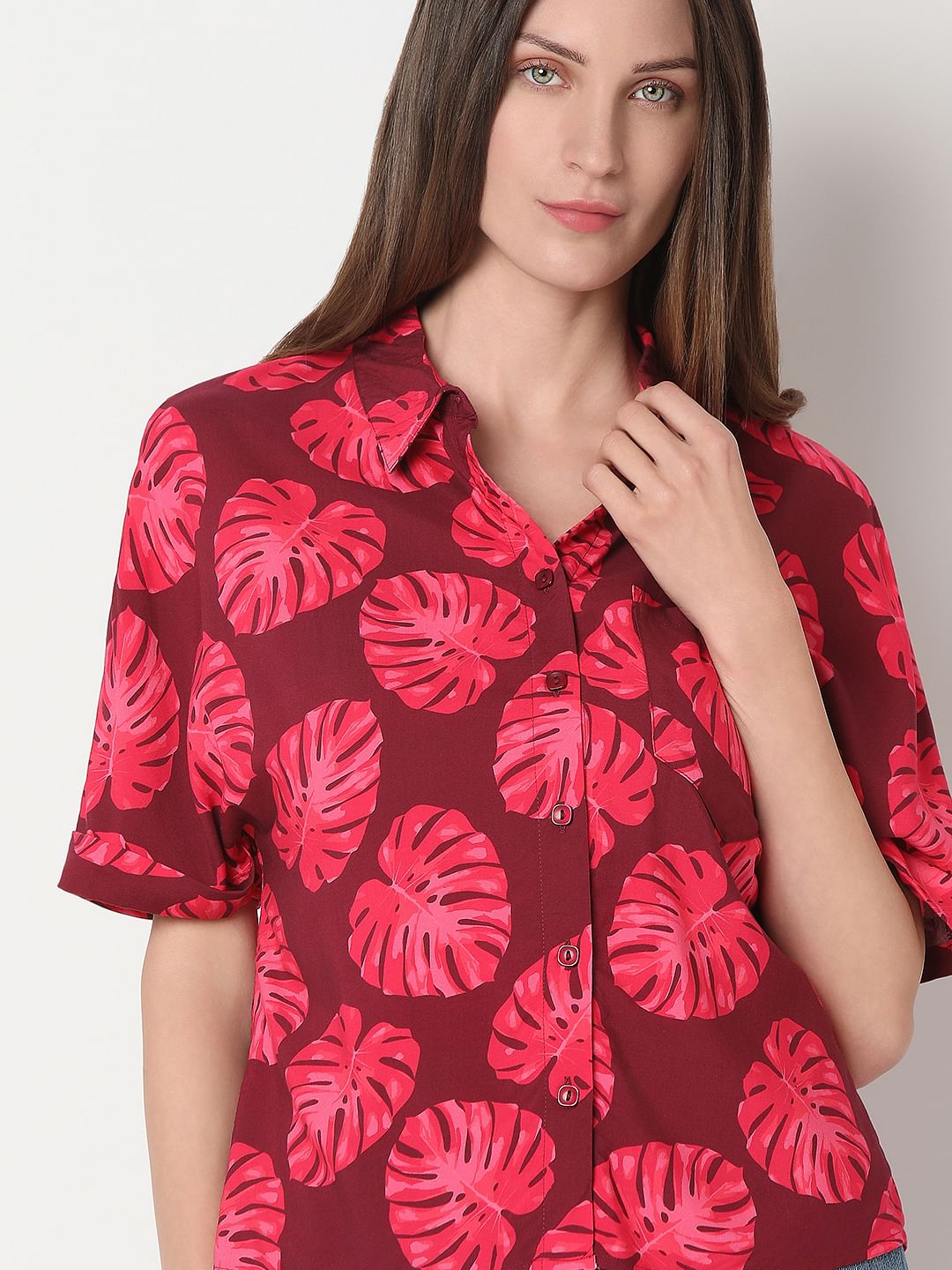 Red Leafy Printed Viscose Shirt