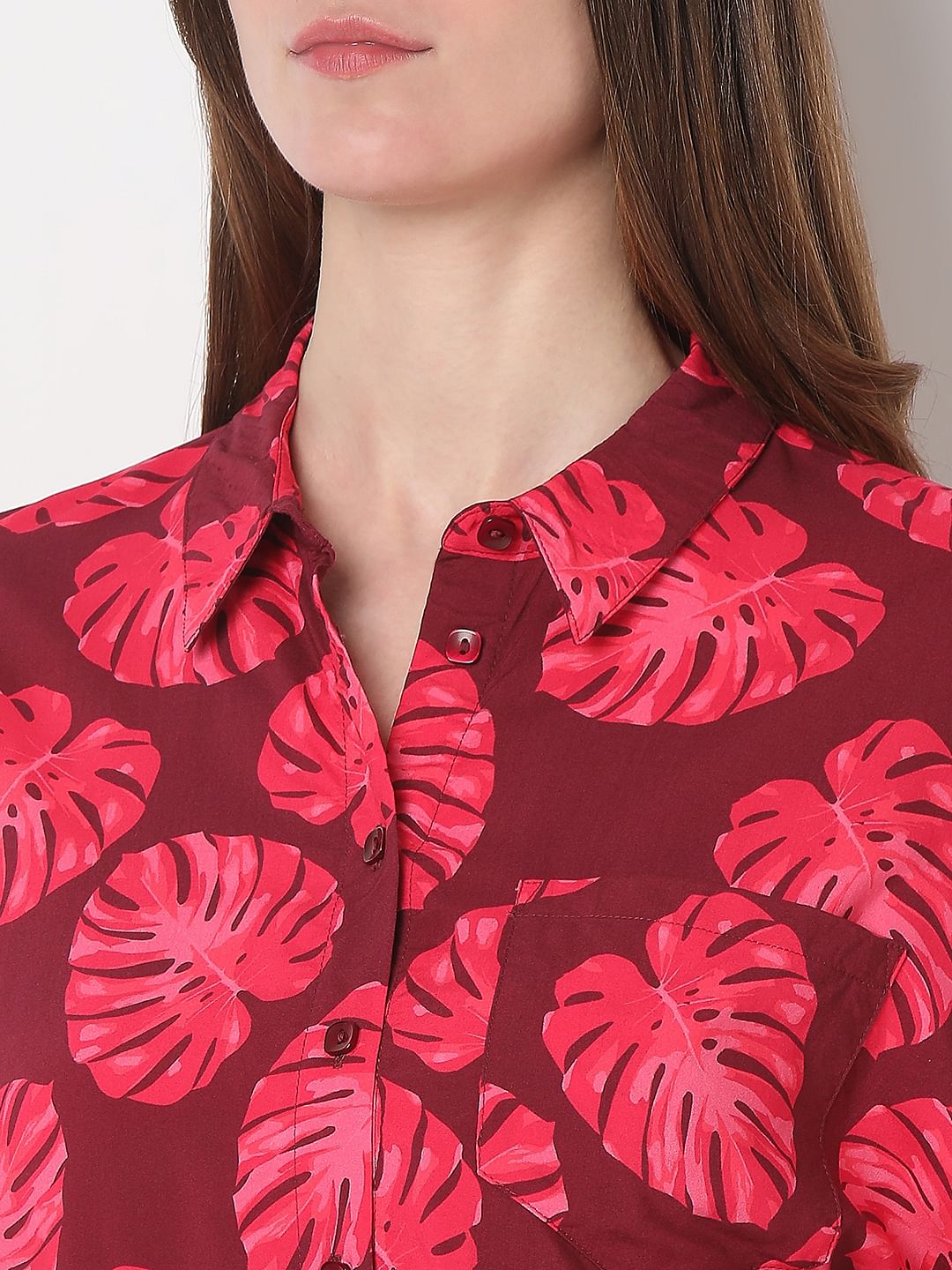 Red Leafy Printed Viscose Shirt