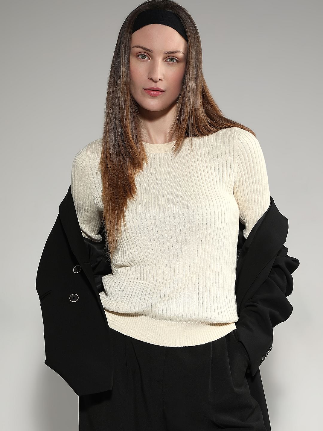 Beige Ribbed Knitted Top