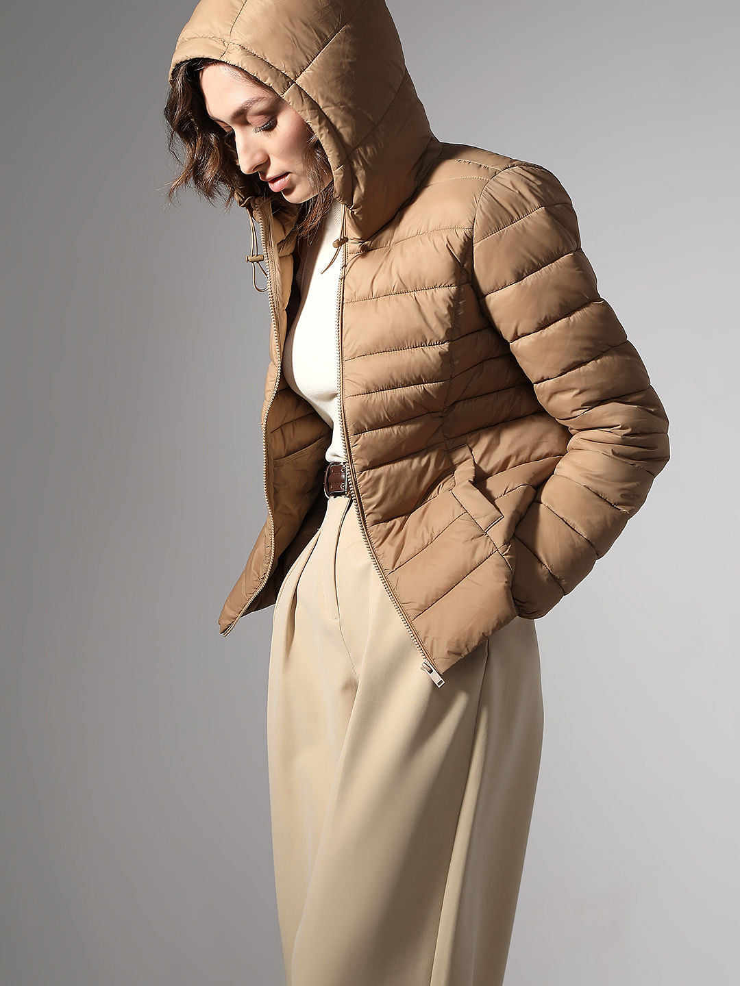 Brown Short Hooded Puffer Jacket