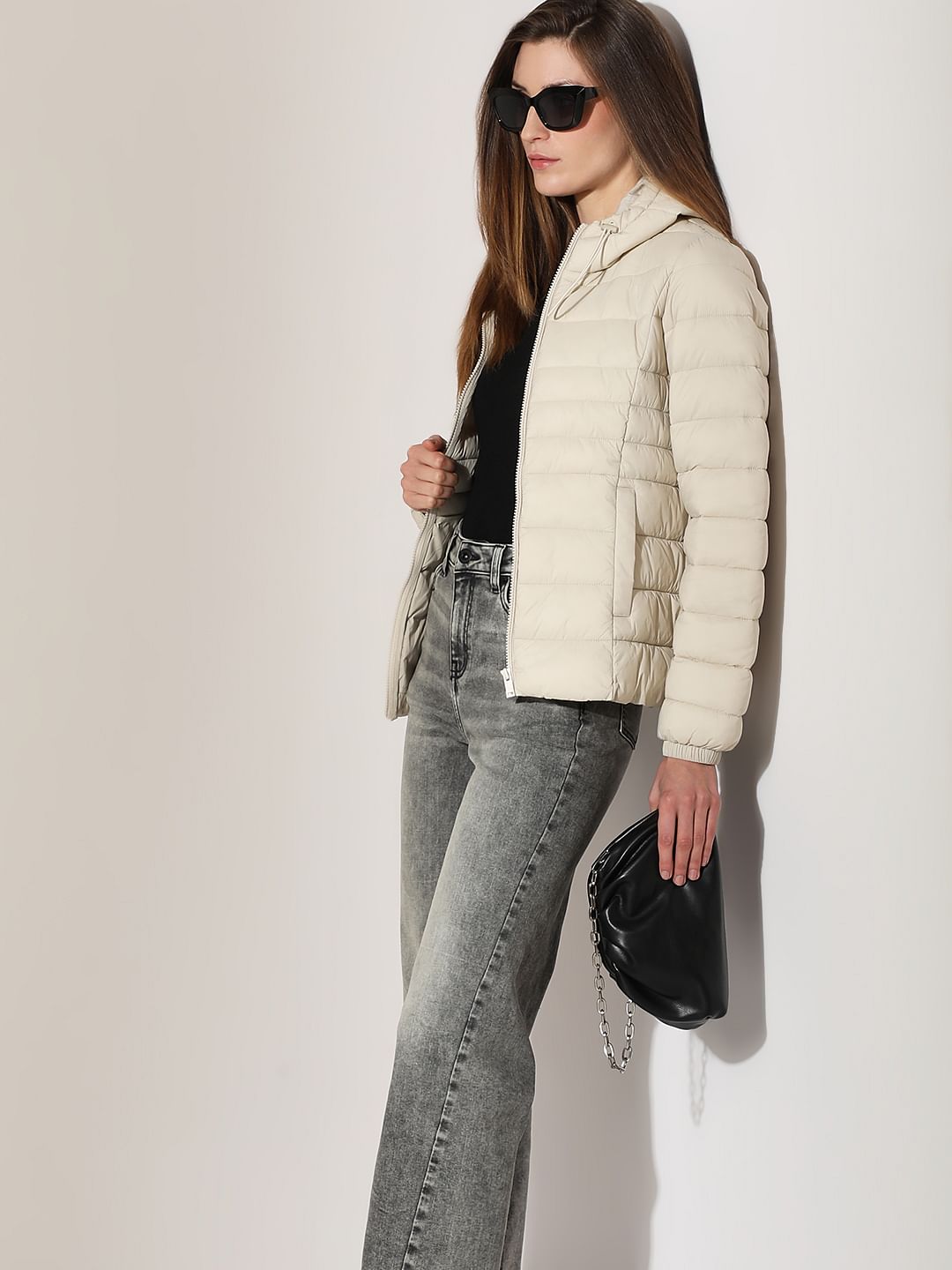 Beige Short Hooded Puffer Jacket