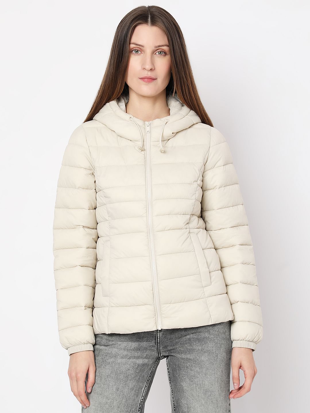 Beige Short Hooded Puffer Jacket