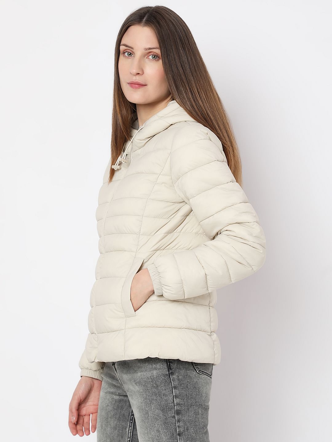 Beige Short Hooded Puffer Jacket