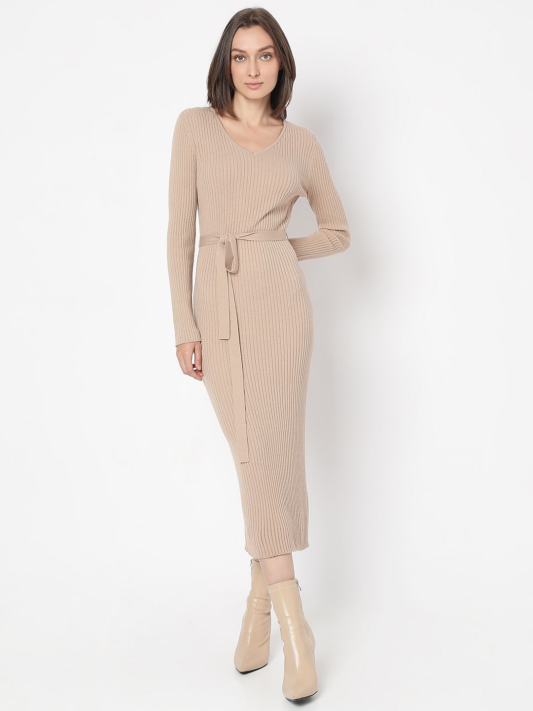 Beige V-Neck Bodycon Knit Dress