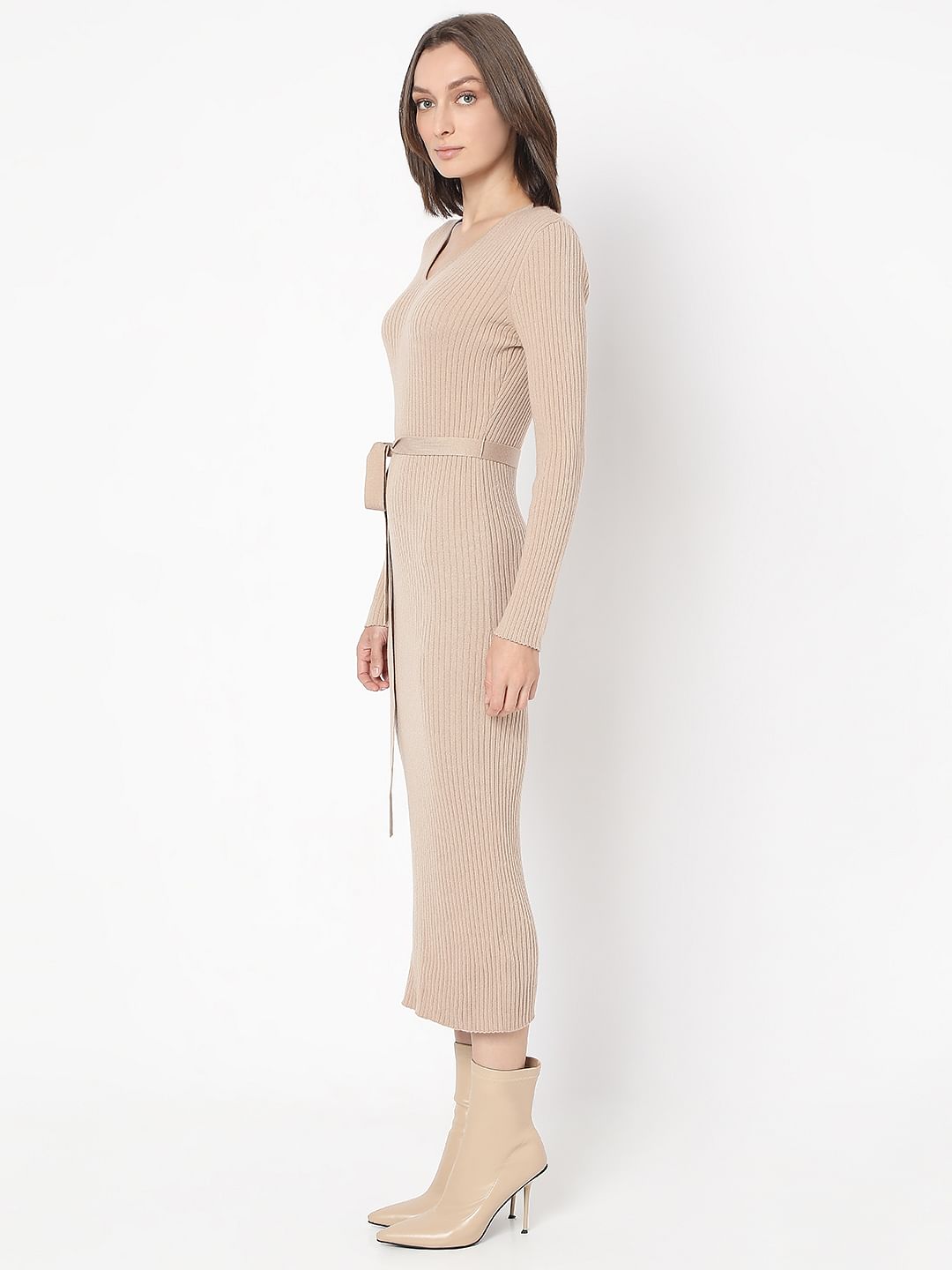 Beige V-Neck Bodycon Knit Dress