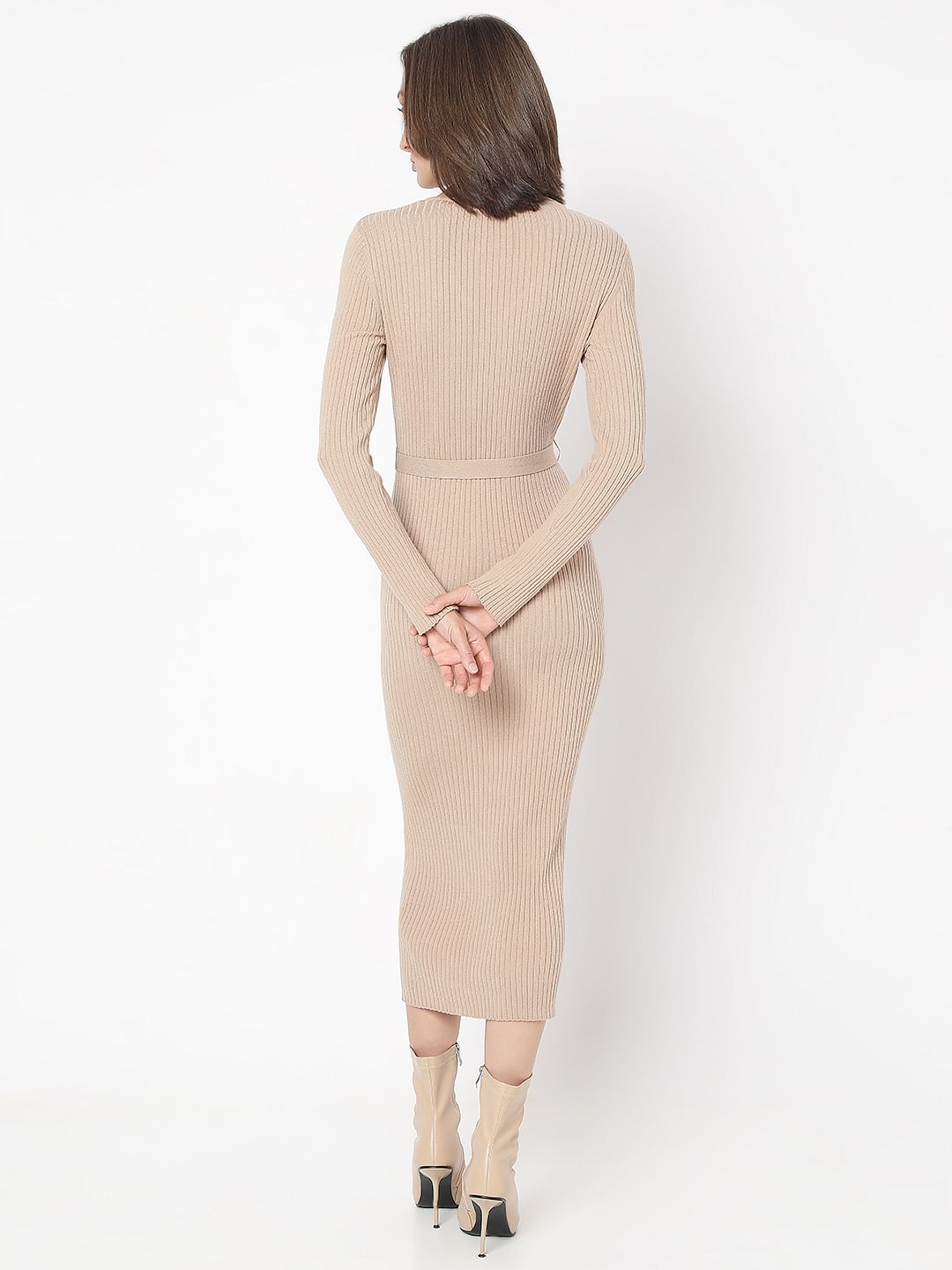 Beige V-Neck Bodycon Knit Dress