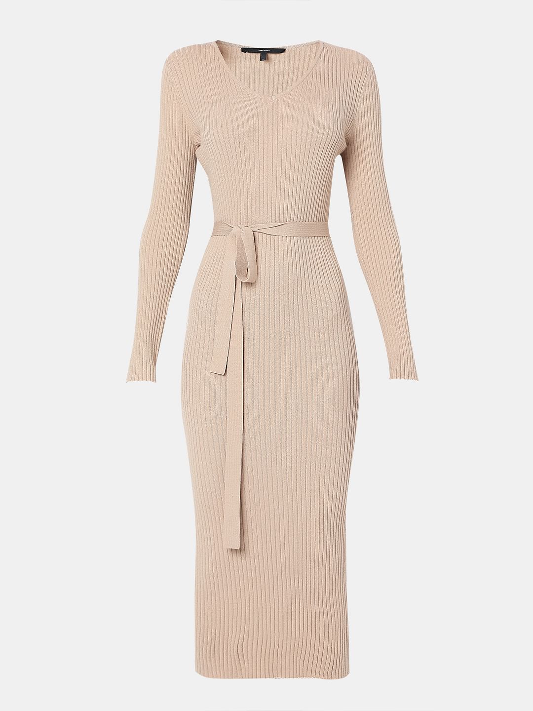 Beige V-Neck Bodycon Knit Dress