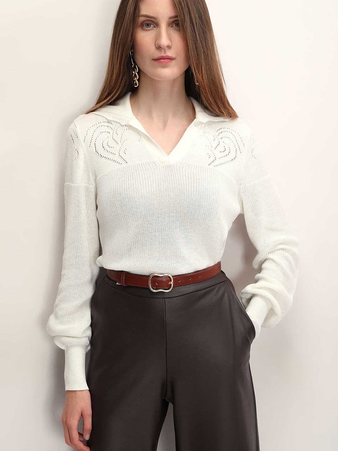 White Full Sleeves Knit Top