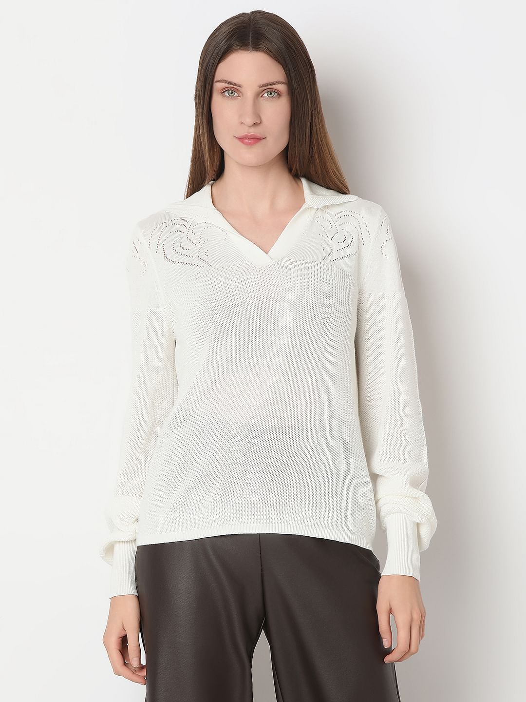 White Full Sleeves Knit Top