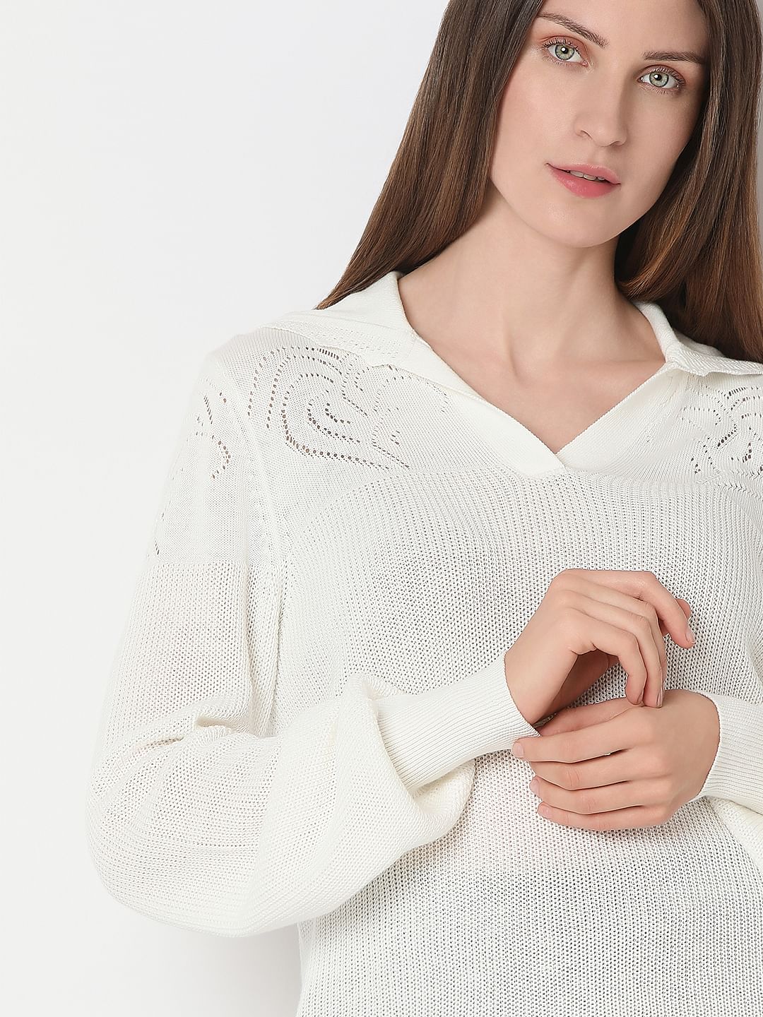 White Full Sleeves Knit Top