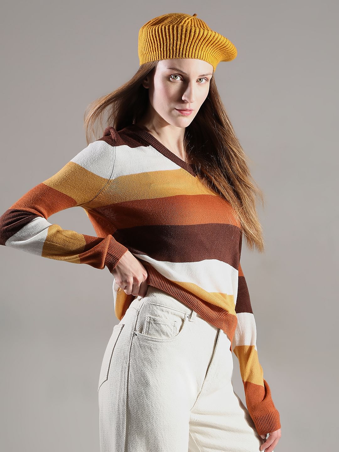トップス ANDWANG Patina Preppy Knit Tops Brown Colourblocked Knit Top