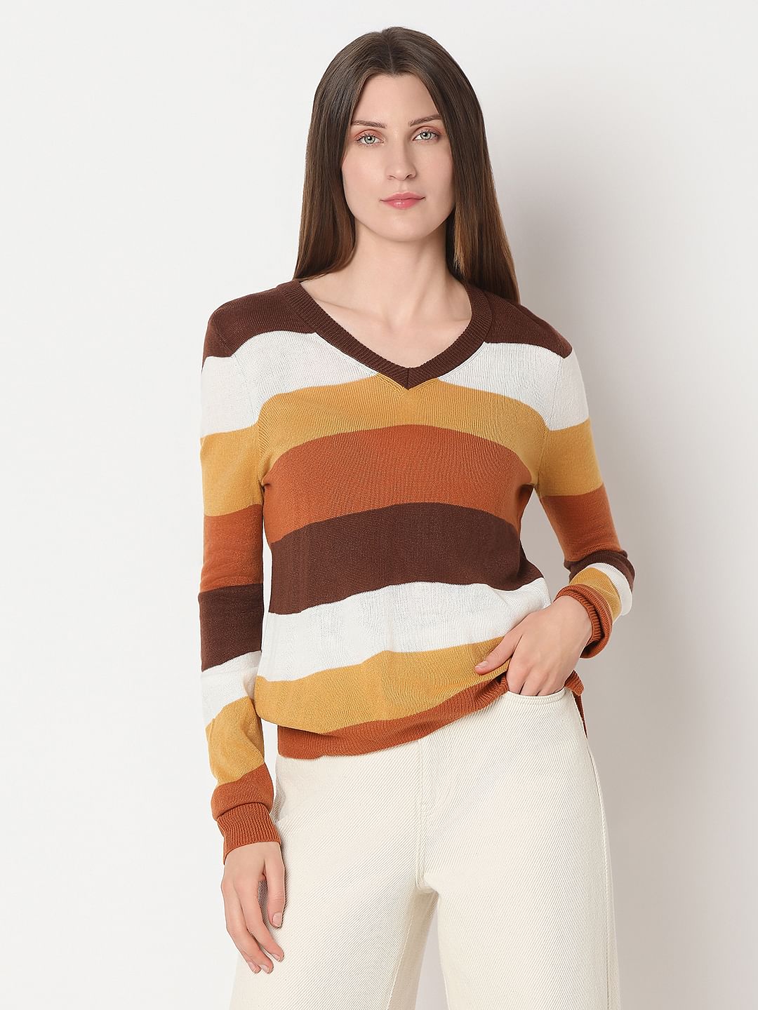 Brown Colourblocked Knit Top
