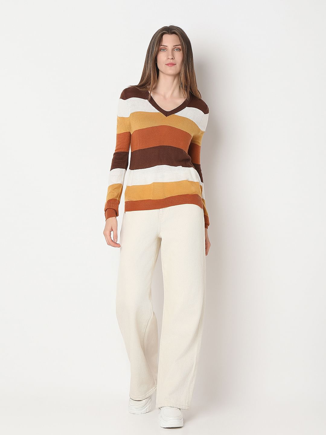 Brown Colourblocked Knit Top