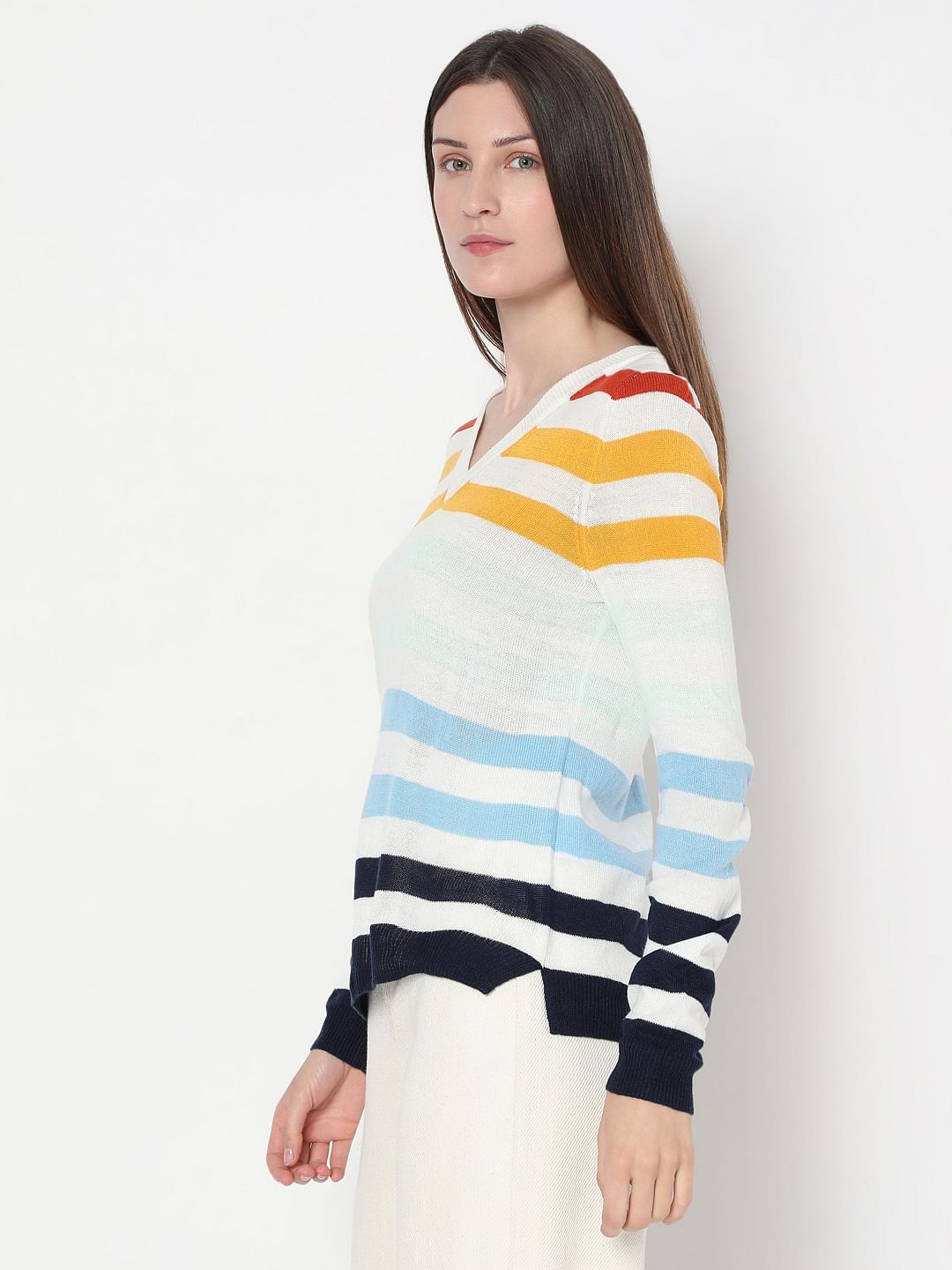 White Colourblocked Knit Top