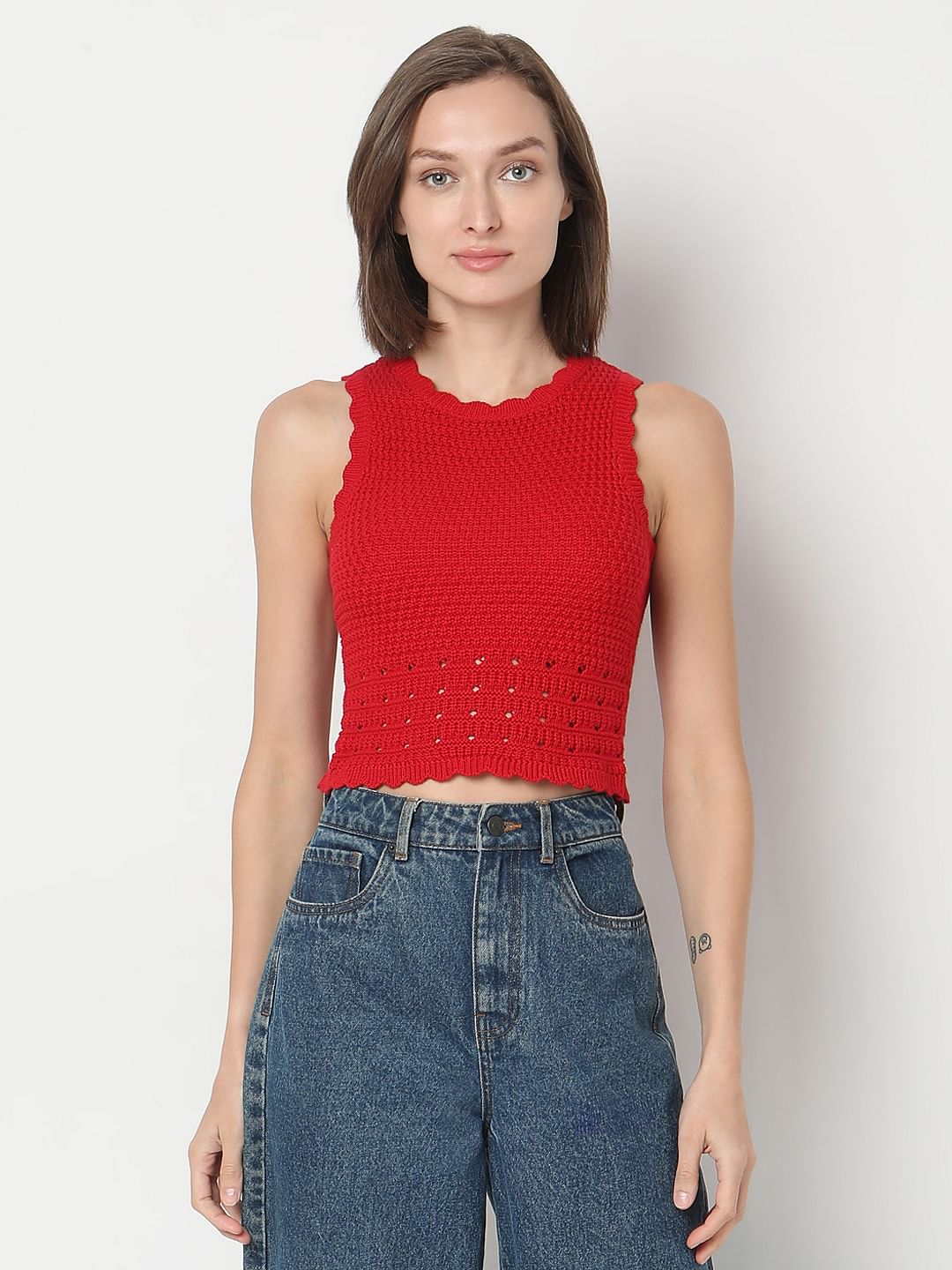 Red Flat Knit Crop Top